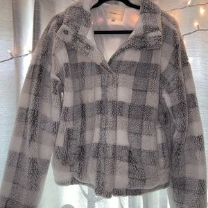 White and gray plaid Sherpa button up